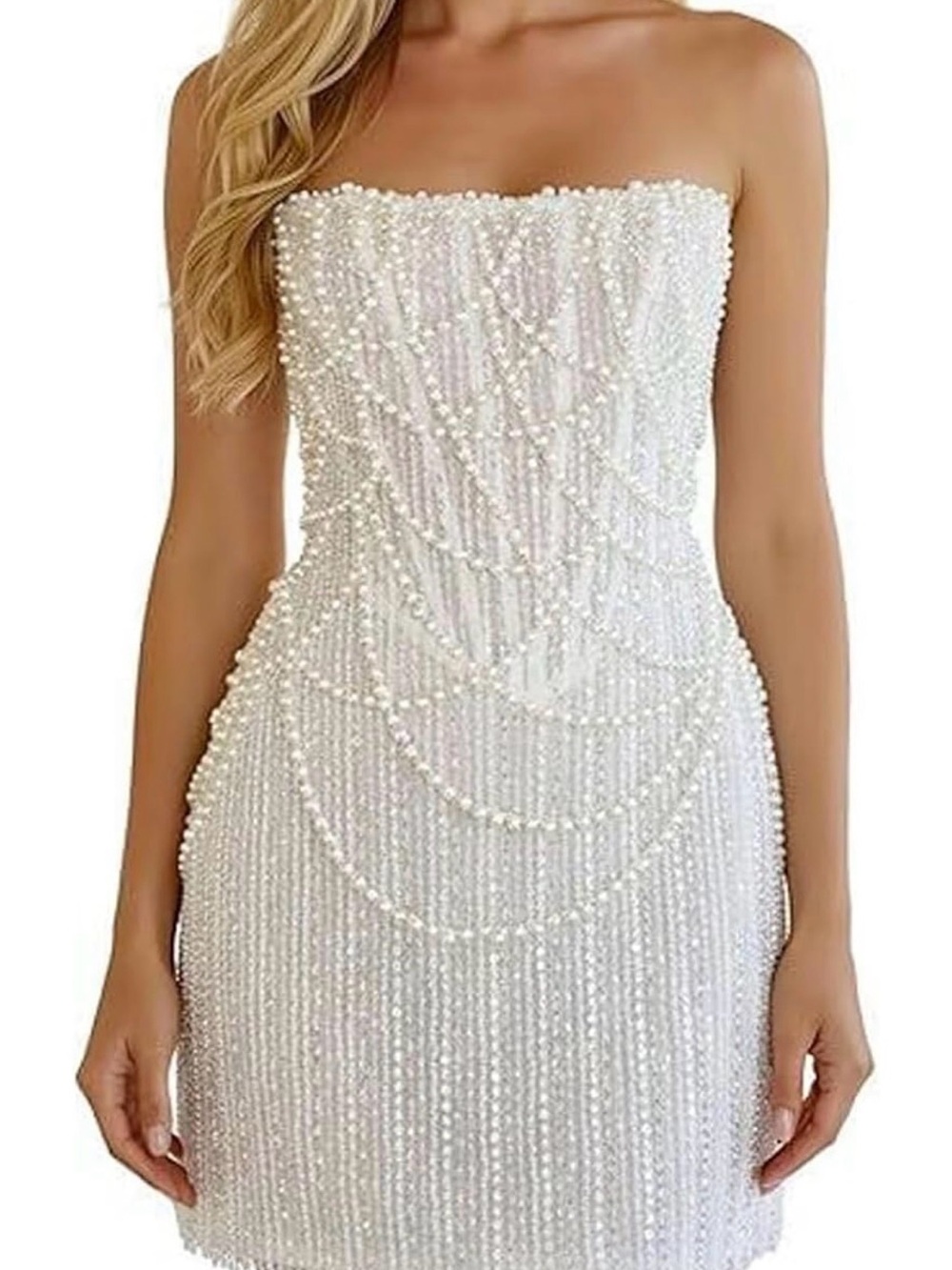Strapless White Pearl-Embellished Mini Dress